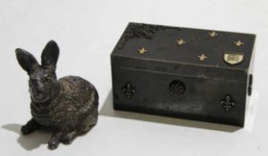 Souvenir oxidised metal ring box of chest form featuring enamelled plaque "Jersey" and fleur de