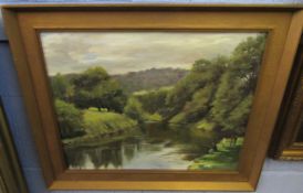 Indistinctly signed oil on board, River scene with angler, 38 x 49cm