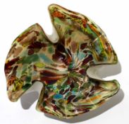 Glass handkerchief style vase with multi-coloured design in browns and greens, 16cm diam