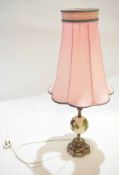 Composition based oil lamp with Moorcroft spherical ceramic centre, pink shade, overall height 82cm