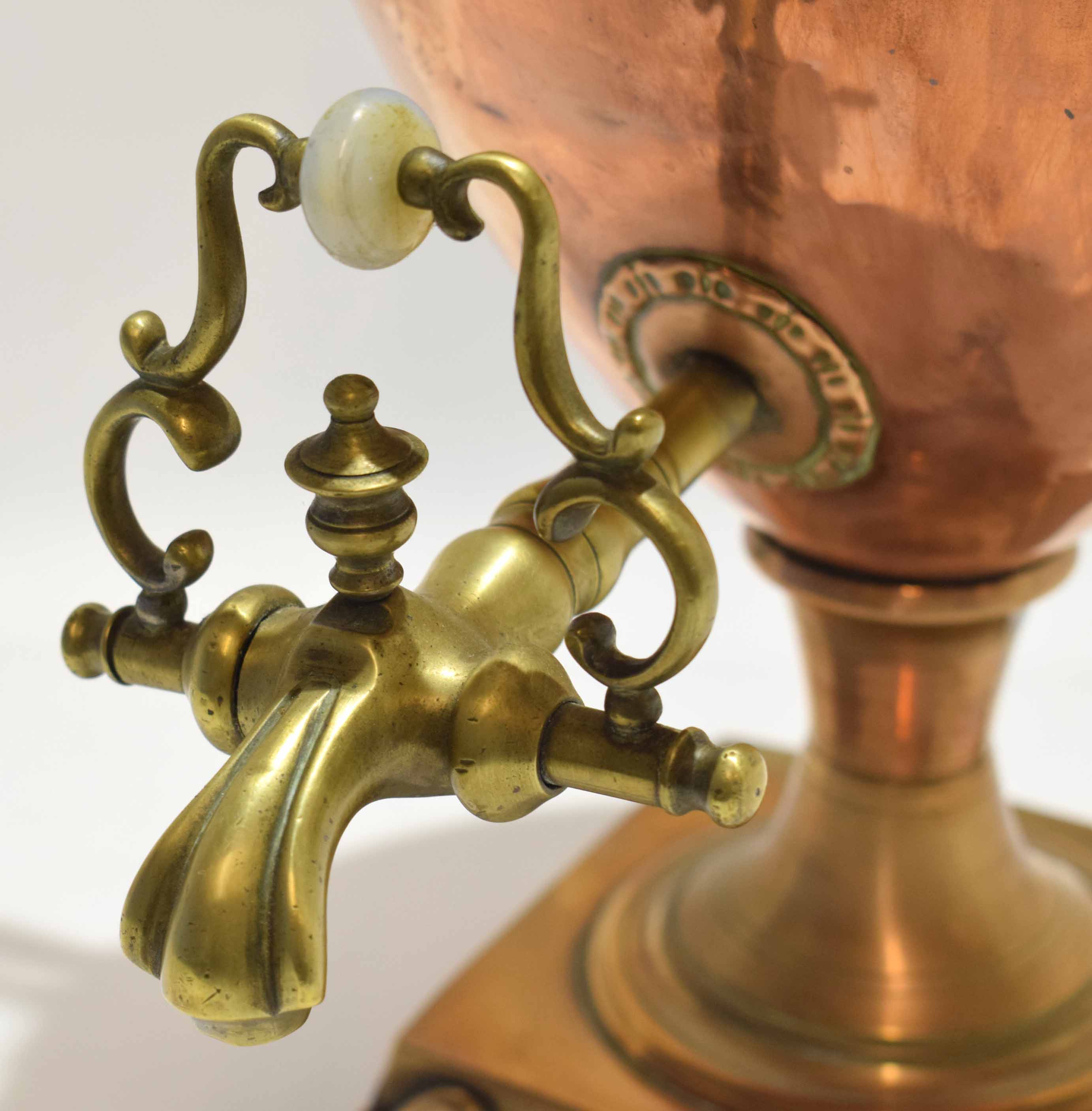 Neo-classical designed copper and brass tea urn with beaded swept handles, brass tap, four footed - Image 2 of 2