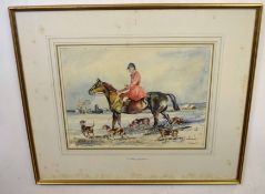 Circle of Alfred J Munnings, bears signature, watercolour, Huntsman on horseback with pack of