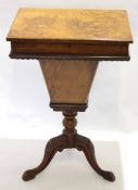 Victorian walnut and walnut veneer pedestal sewing table, the marquetry inlaid rectangular top