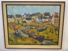 Dean, signed oil on board, Fishing boats in a harbour, possibly Scottish, 60 x 75cm