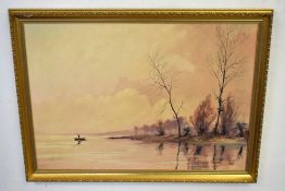 Jeremy Barlow, signed oil on board, River scene with figure in a boat, 49 x 69cm