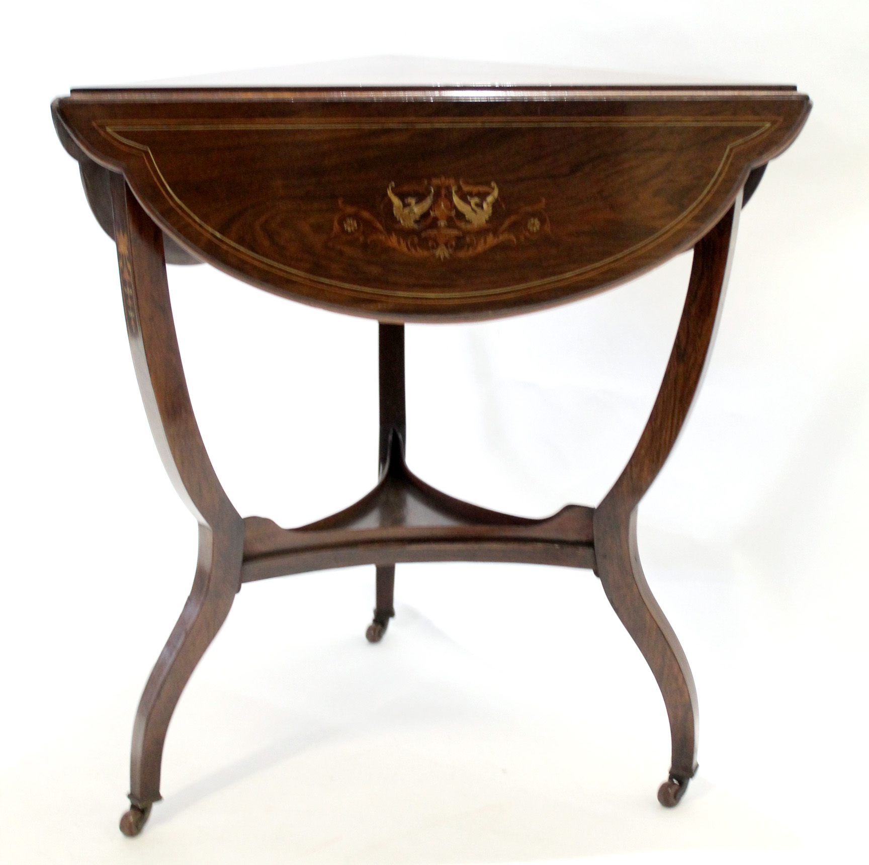 19th century rosewood and inlaid triangular occasional table with three drop flaps with open shelves - Image 3 of 3