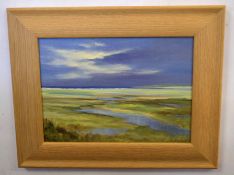 Shirley Carnt, signed oil on canvas, "High Tide, Thornham Marsh", 23 x 33cm