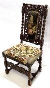 Victorian oak hall chair in Jacobean style, having barley twist supports and stretchers, carved with