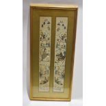 Two Oriental embroidered panels on silk in gilt frame, image 60cm long