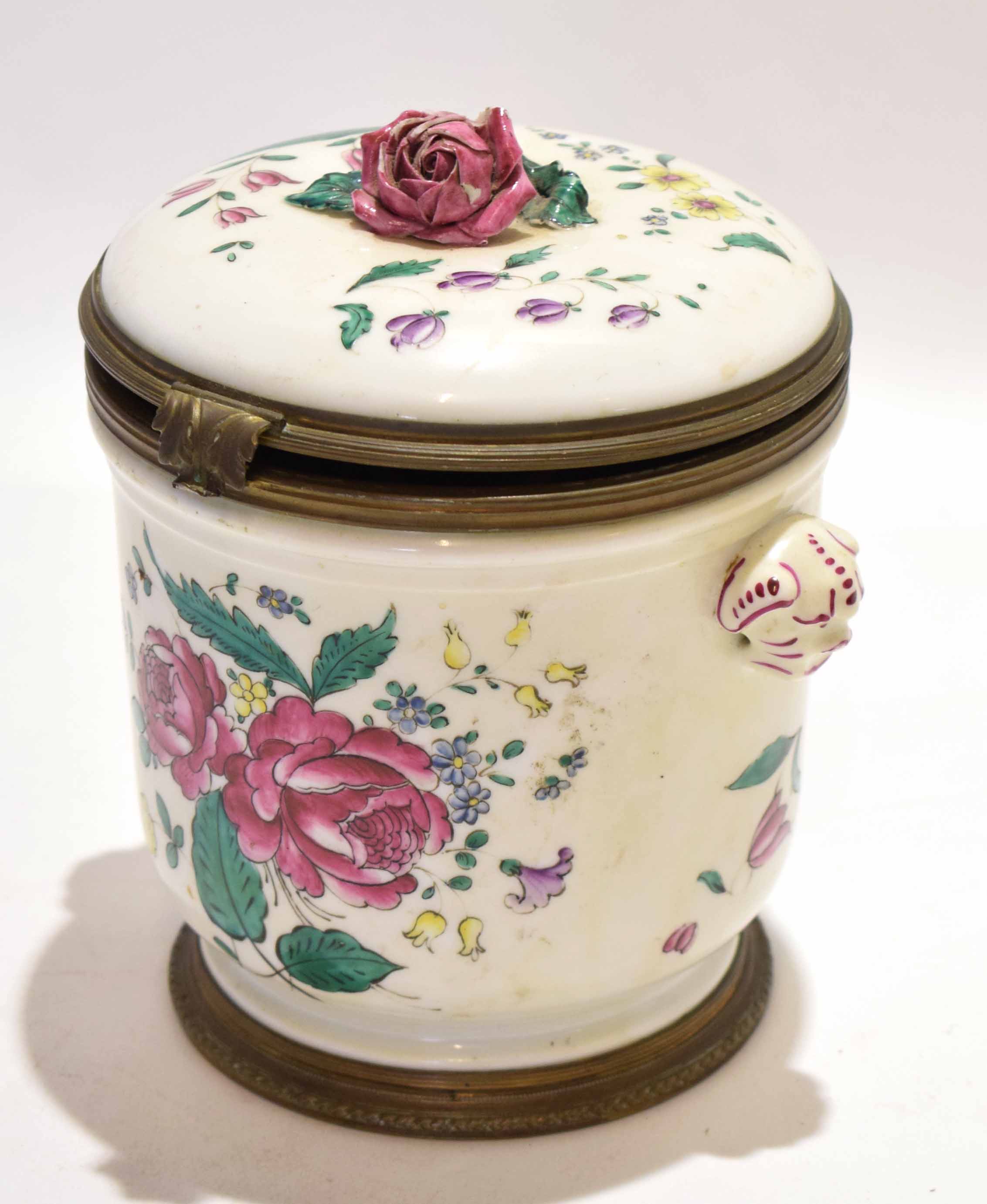 19th century French porcelain and brass mounted pot with hinged lid and floral decoration with