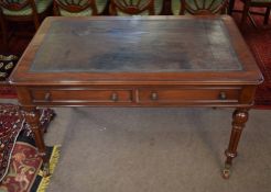 19th century mahogany framed desk with green leather tooled insert, with two drawers with turned