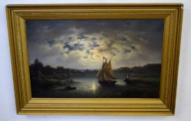 Wingaud ?, signed oil on canvas, River scene with figures and boats at moonlight, 40 x 63cm