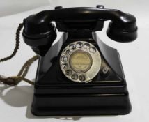 GPO vintage black Bakelite telephone, model number 6BF, separate bell unit, light bulb alert,