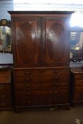 19th century mahogany and satinwood inlaid secretaire linen press with two panelled doors with