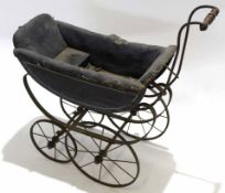 Vintage child's pram with sprung iron undercarriage and iron spoke wheels (for restoration), overall