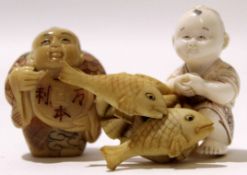 Ivory model of a fish and a small boy, plus a further model of a man with Japanese symbols (3)