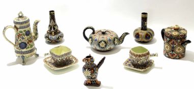 Group of Swiss Thoune pottery wares comprising a coffee pot and cover, tea pot, two vases, a further