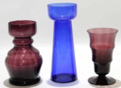 Group of three Art Nouveau style vases, one blue, two purple and ribbed design, largest 20cm high
