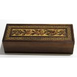 Vintage dominoes or games box, the swivelling lid inlaid in the Tonbridge ware manner, the remainder