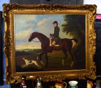 Modern oil on canvas, Figure on horseback with dog, 83 x 103cm a/f