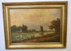 Geoffrey Mace, oil on board, Norfolk River landscape with wherry, 35 x 49cm
