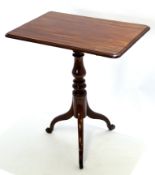 19th century mahogany rectangular top side table with turned column on a scrolling tripod base, 66cm