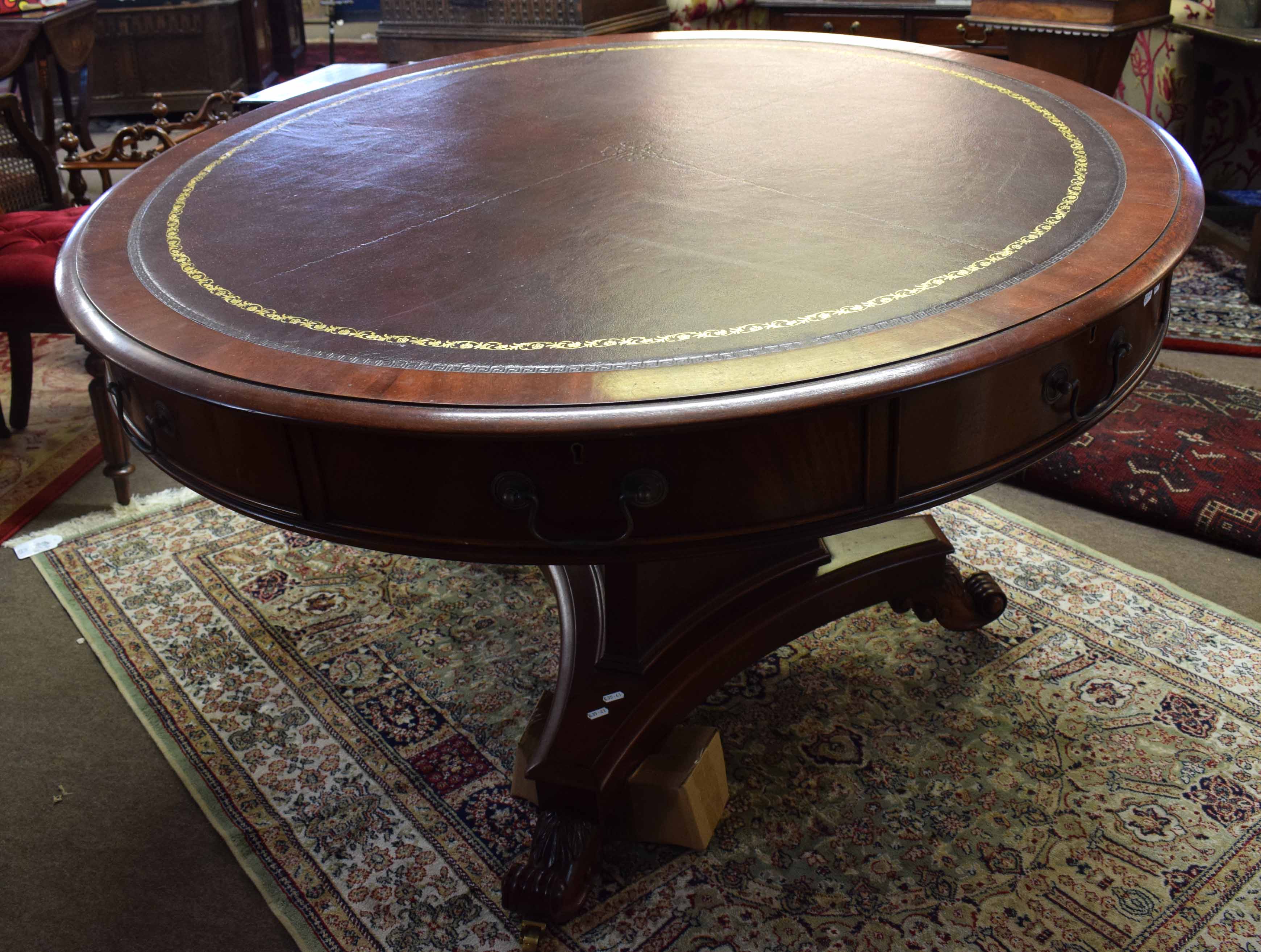 Reproduction mahogany pedestal drum table of circular form, four opening oak lined drawers and - Image 2 of 3