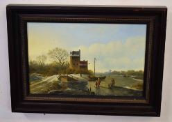 Modern oil on canvas, Dutch winter landscape, 21 x 34cm