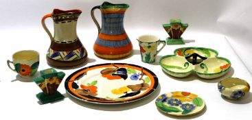 Group of Art Deco ceramics mainly by Myott & Sons, comprising a large plate, a clover shaped dish,