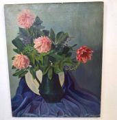 Unsigned oil on canvas, Still Life study of mixed flowers in a jug, 76 x 60cm, unframed