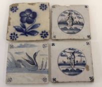 Collection of four 18th century Delft tiles decorated with figural and floral subjects, largest 13cm