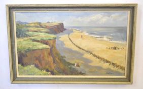 Mildred Faulkner, signed oil on canvas, Norfolk beach scene with figures, 29 x 49cm