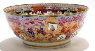 Late 18th century New Hall porcelain punch bowl, the exterior decorated with the boy in the window