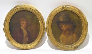 After Gainsborough, pair of oils on canvas laid to panel, Portraits of gent and lady, both approx 17