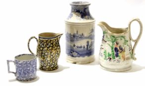 Group of four 19th century pottery wares including a pearlware jug with an agate finish, flow blue