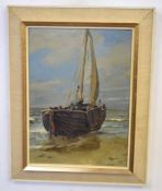 Indistinctly signed lower right, oil on board, Beached fishing boat, 32 x 23cm