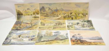 E Grieg Hall, folder of nine signed watercolours, "Loch Lulla", "Wythburn Church", "Bishop