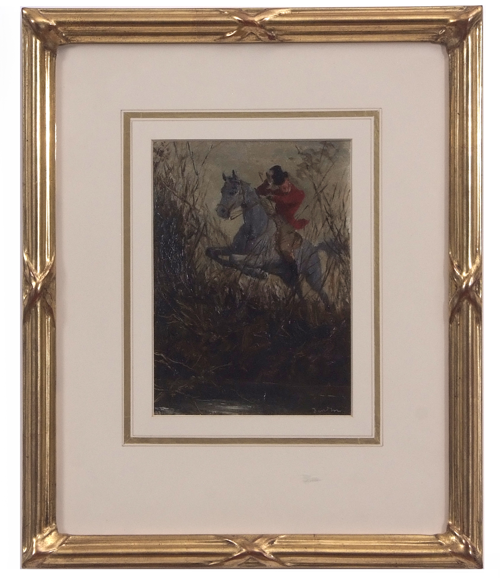 Davidson, (19th/20th century),Huntsman clearing a ditch oil on board, signed lower right 16 x 12cms