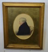 J Frith, signed and dated 1853, watercolour, Half-length portrait of a seated gent in black coat, 16