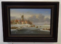 Modern oil on canvas, Dutch winter landscape, 19 x 28cm