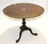 George III style mahogany pedestal occasional table with pie crust edge and "bird cage" joiner to