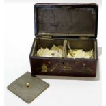 Chinese wooden box with applied Chinese ivory figures, interior with two compartments and a quantity