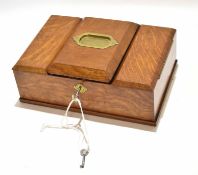 Oak humidor cigar box with three hinged opening compartments, the lid bearing the inscription "