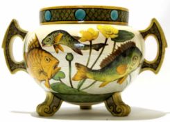 Minton Kensington Art Pottery vase with handles, decorated in the Aesthetic fashion with fish