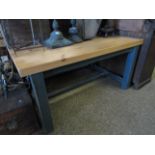 PINE TOP KITCHEN TABLE WITH GREEN PAINTED BASE