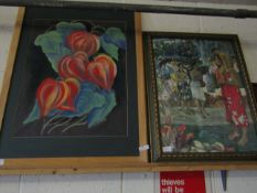 PASTEL OF FRUITS AMONG VINES TOGETHER WITH A FURTHER FRAMED EASTERN PRINT (2)