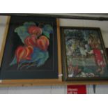 PASTEL OF FRUITS AMONG VINES TOGETHER WITH A FURTHER FRAMED EASTERN PRINT (2)
