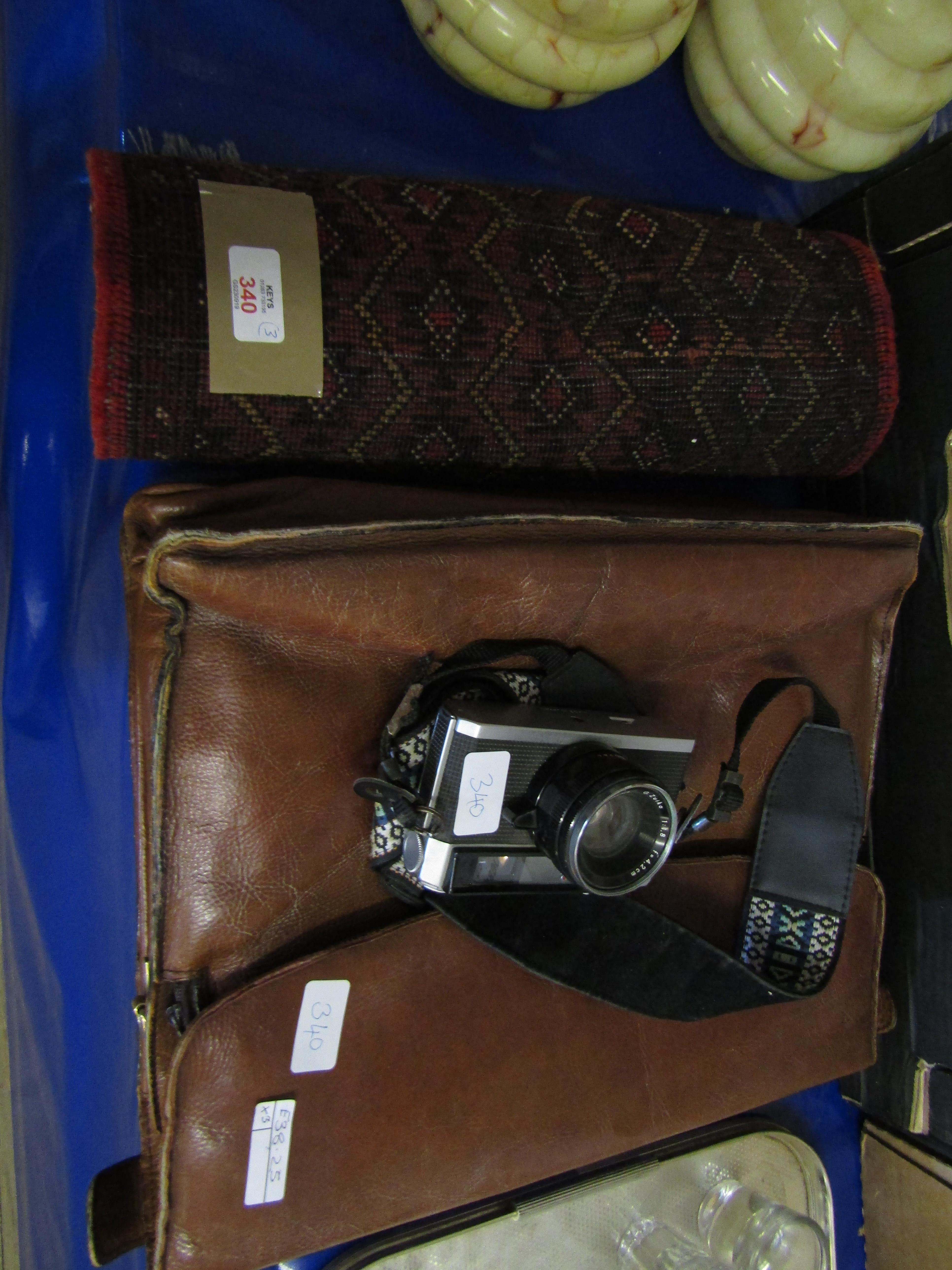 SMALL REPEATING LOZENGE PRAYER RUG, A FURTHER LEATHER SATCHEL AND AN OLYMPUS-S CAMERA
