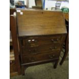 MAHOGANY NARROW DROP FRONTED BUREAU WITH THREE FULL WIDTH DRAWERS RAISED ON STAND