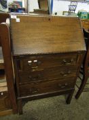 MAHOGANY NARROW DROP FRONTED BUREAU WITH THREE FULL WIDTH DRAWERS RAISED ON STAND